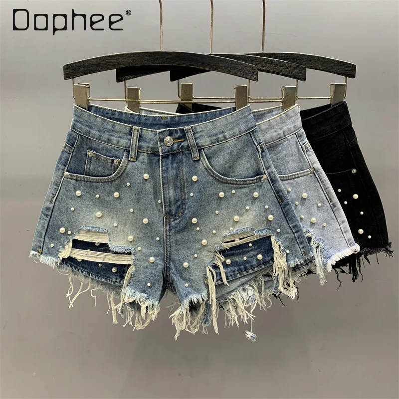 Summer Pearl Ripped Denim Shorts Women Retro Blue Black Slim Wide Leg High Waist Jeans Shorts Street Sexy Fashion Casual