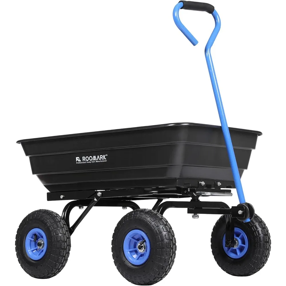 

Garden Dump Cart with Quick Release Mechanism, 600 Pound Capacity Yard Cart with 10 Inch Tires, Dipped Grip Handle, Pivot Steeri