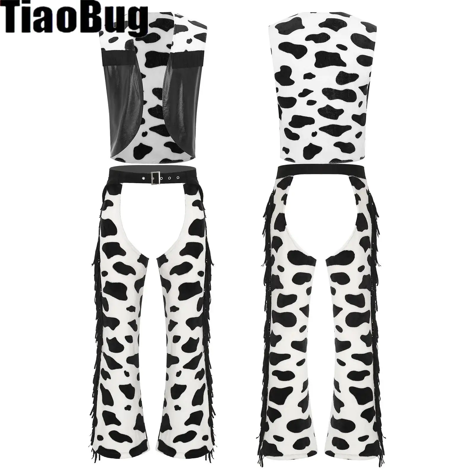 

Men Western Cowboy Costume Cow Spot Flannel Outfit Tassel Open Front Tank Top Cowboy Vest Hollow Out Cowboy Chaps Long Pants Set