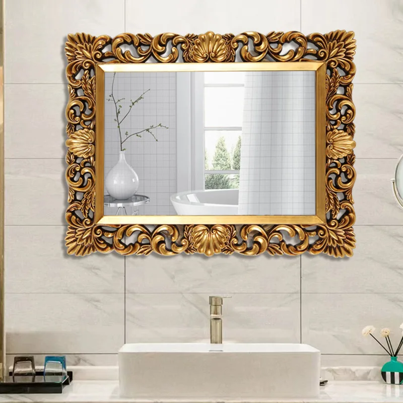 LH Vintage Carved Mirror Wall-Mounted Bathroom Square Mirror Entryway Decoration