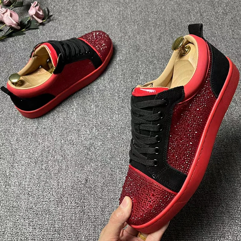 men luxury fashion rhinestone shoes brand designer rivets shoe original leather black red sneakers singer DJ stage footwear mans