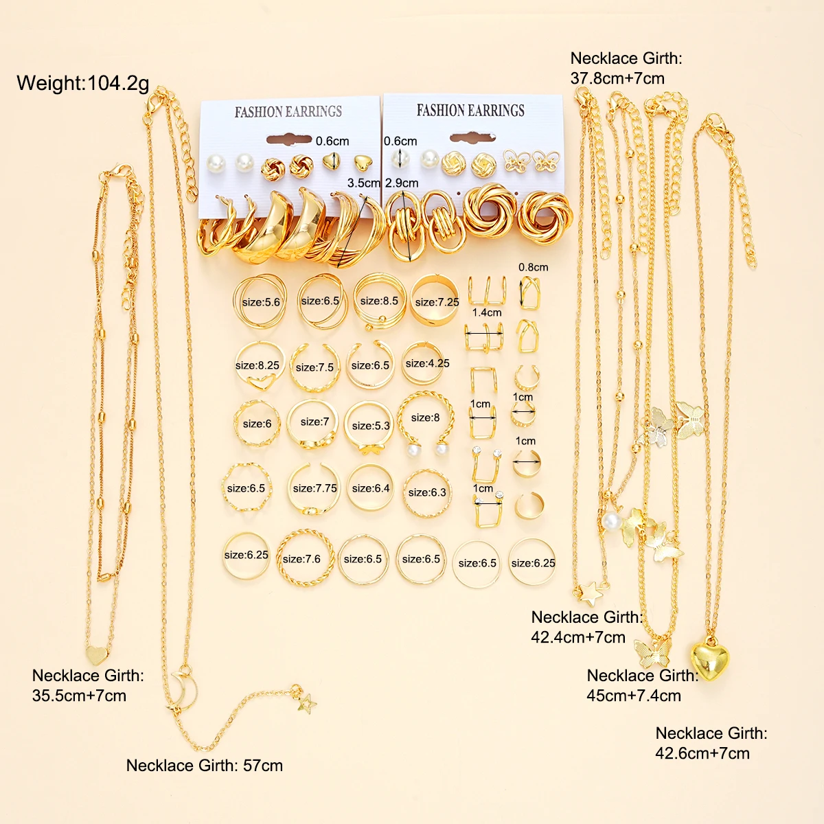 62-Piece Chic Jewelry Set for Women - Includes Earrings, Rings & Necklaces with Heart, Butterfly, Geometric Designs Jewelry Gift
