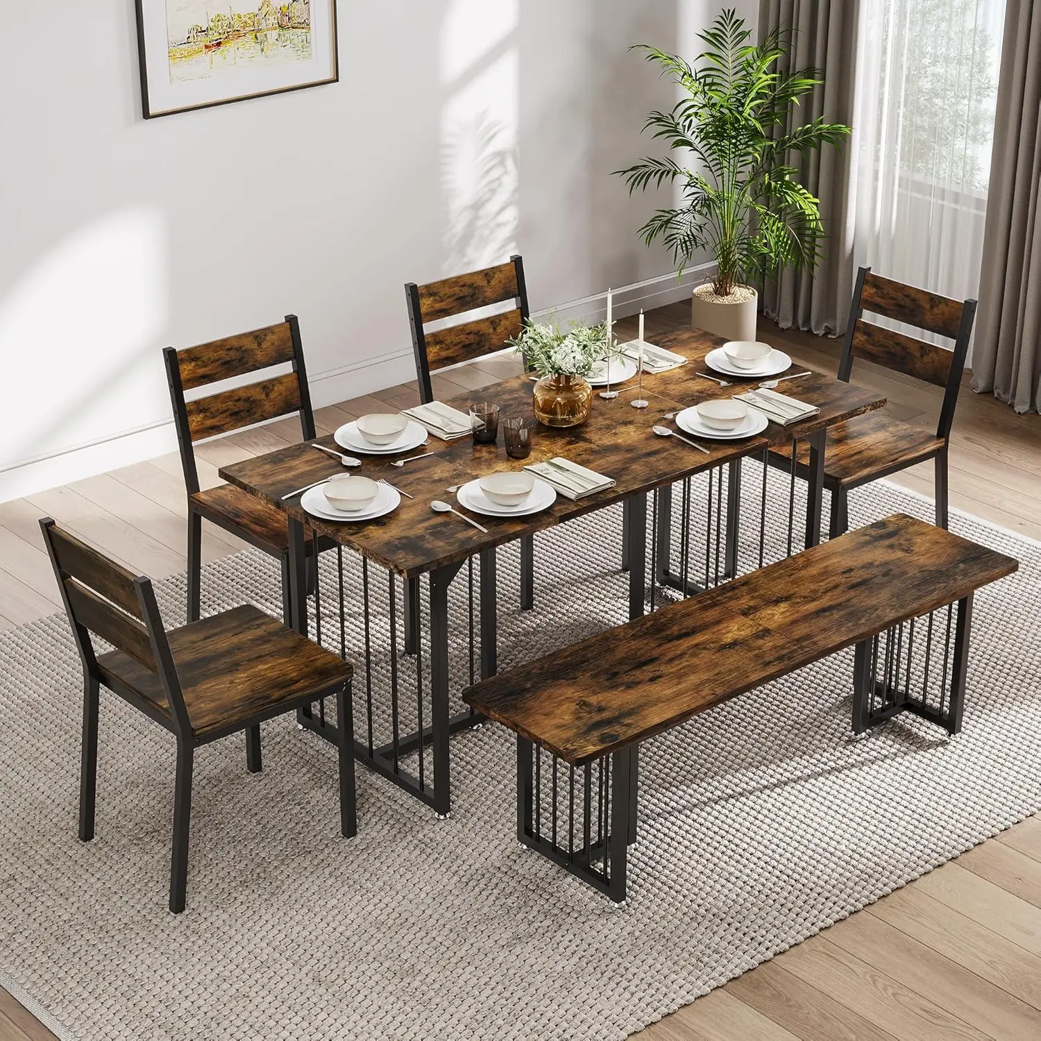 Dwvo 5-Piece Dining Table Set For 6-8 People 63 Inch Kitchen Table Set With 2 Benches And 2 Chairs Farmhouse Rectangular Dining