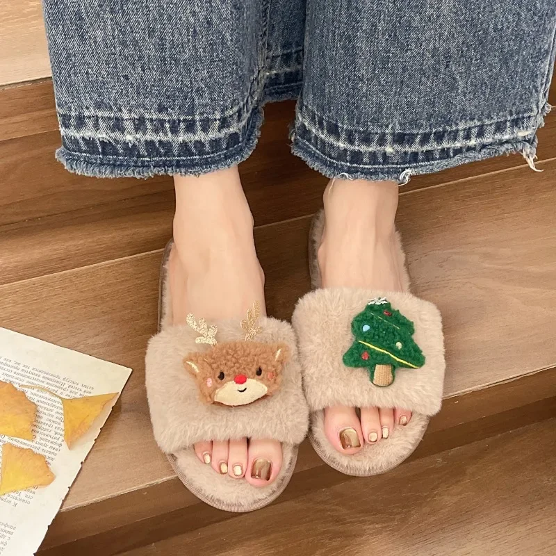 2025 جديد كبير الحجم الشتاء موضة نعال قماش عيد الميلاد المفتوحة تو المفتوحة الفراء نعال من القطن أحذية الملاعب المغطاة للنساء حذاء مسطح #4