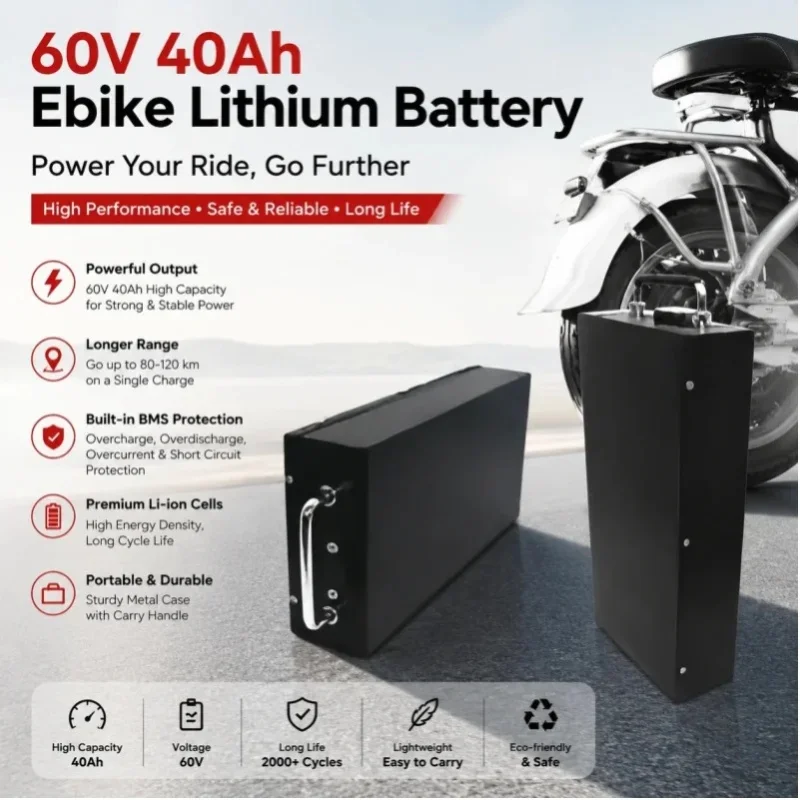 60V 40Ah Lithium-Akku für Elektrofahrräder, Gepäckträger-Akku für E-Bikes mit integriertem BMS-Schutz, bis zu 1000 Ladezyklen, wasserdichter Ersatzakku für Elektrofahrräder
