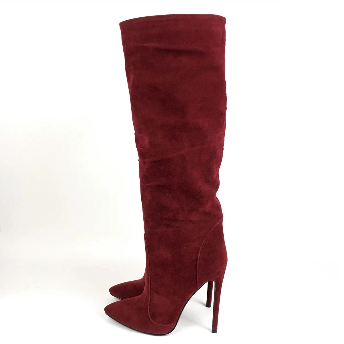 Moda Donna Scarpe a punta Tacchi alti Stivali al ginocchio Vino Rosso Ecopelle Pelle scamosciata Donna Inverno Autunno Party Outfit Calzature