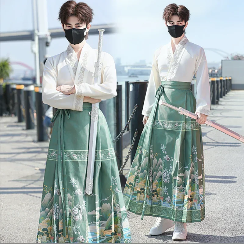 

Large Size 4XL Chinese Hanfu Horse Face Skirt Men&Women Vintage Fashion Bronzing Hanfu White Shirt Green Pleated Skirt Unisex