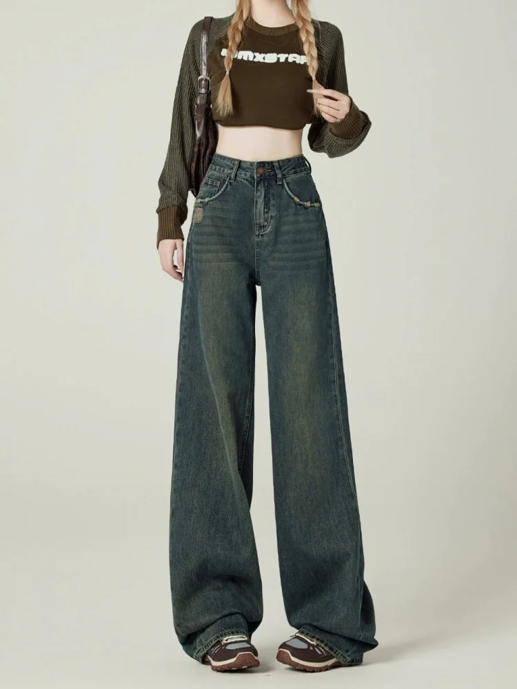 الأمريكية Sle خمر فضفاض واسعة الساق الجينز المرأة Faion عالية الخصر التخسيس الطابق طول السراويل لباس غير رسمي الخريف جديد Arr... #2