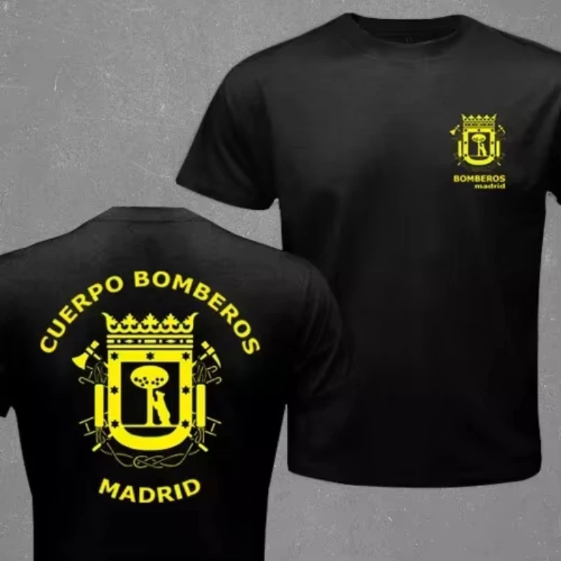 Camiseta Azul Marino para Hombre Inspirada en Bomberos, con Estampado de "Bomberos Madrid", Camiseta Casual Patriótica para Fanáticos de Madrid