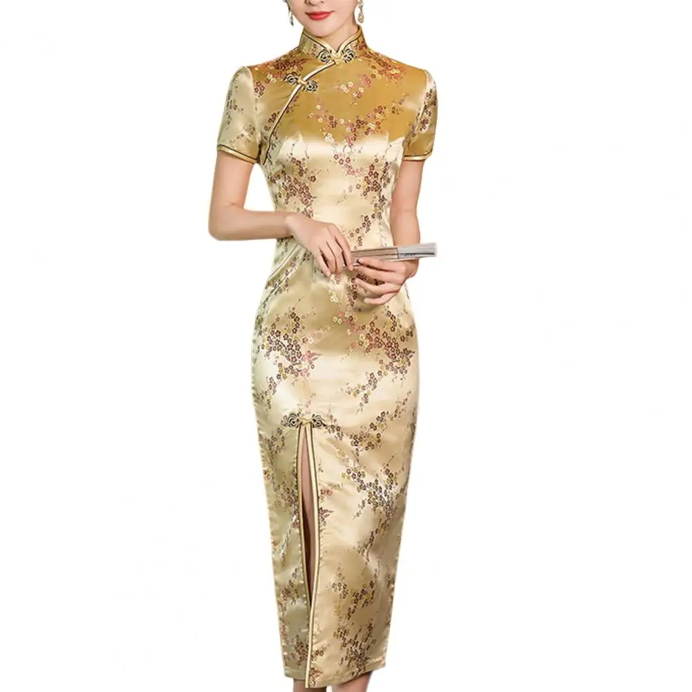 Elegante neue Brokat Satin lange Gabel Cheong sam chinesische klassische Frauen Qipao Kurzarm sexy Hochzeits abend Party kleid