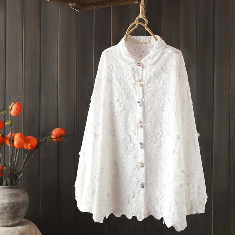 Primavera outono botões coloridos blusa de algodão topos roupas femininas cor branca bordado e camisas e blusas ocas u109