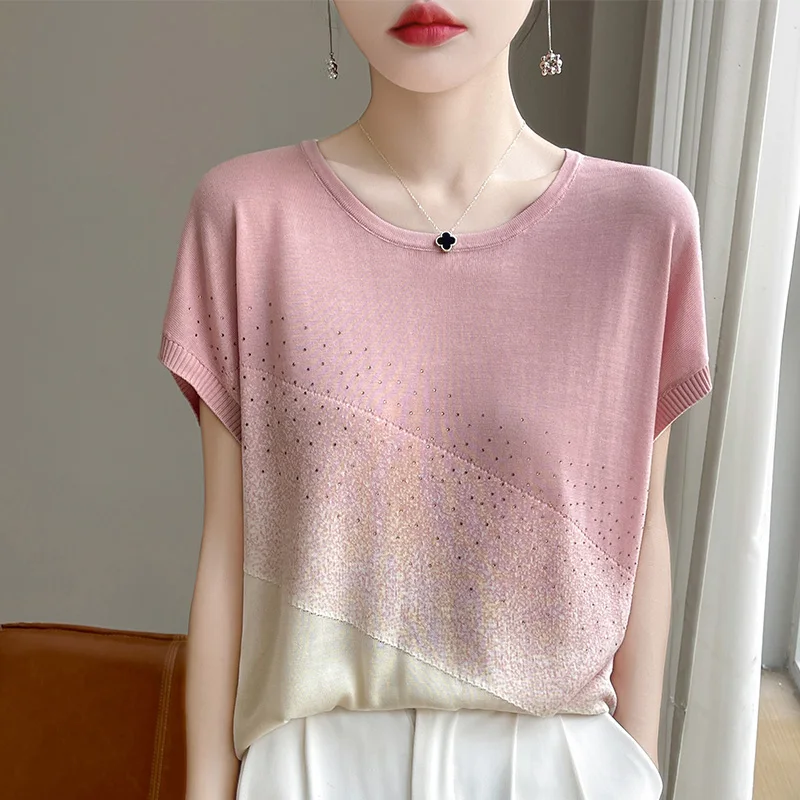 

Women's T-shirt Summer Lyocell Knitted Sweater Short Sleeve Splicing Round Neck Ladies Tops Loose Blouse Fashion Hot Diamond Tee