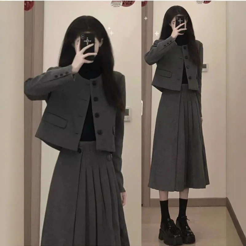 

Утягивающее женское осенне-зимнее новое стильное шерстяное пальто больших размеров и плиссированная мини-юбка, комплект из двух предметов, элегантный стиль для поездок на работу