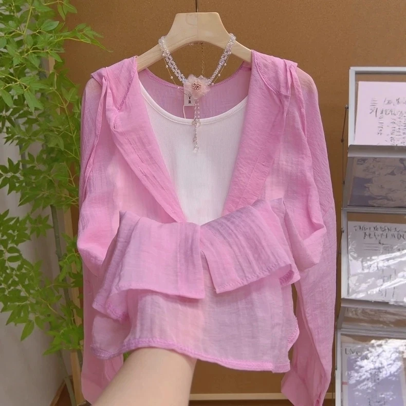 Koreański styl casual, bluza z kapturem chroniąca przed słońcem, letni zestaw dwuczęściowy dla kobiet, modny, przeciwstarzeniowy, z włókna poliestrowego.