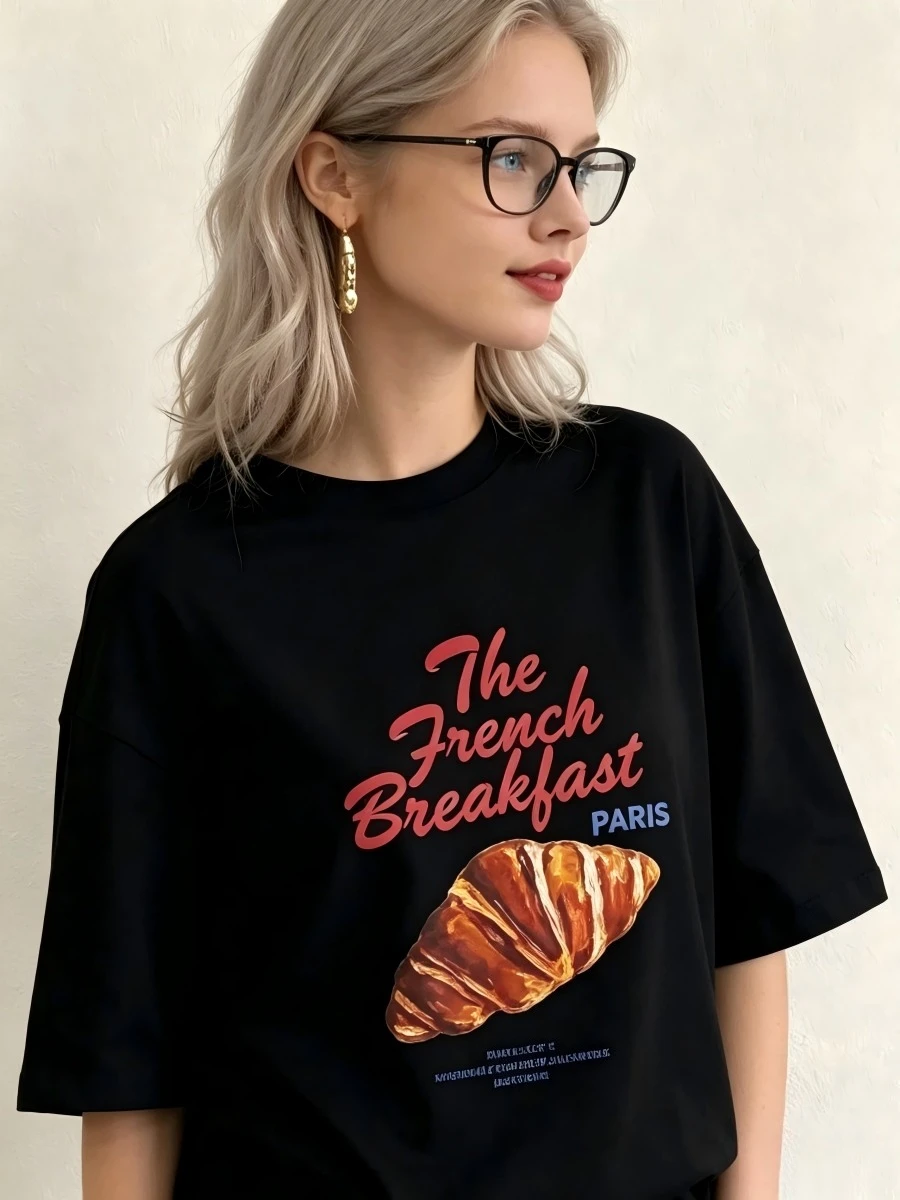 Cute Croissant Graphic T-Shirt Women's Vintage Aesthetic Streetwear French Café Short Sleeve Everyday Casual Top