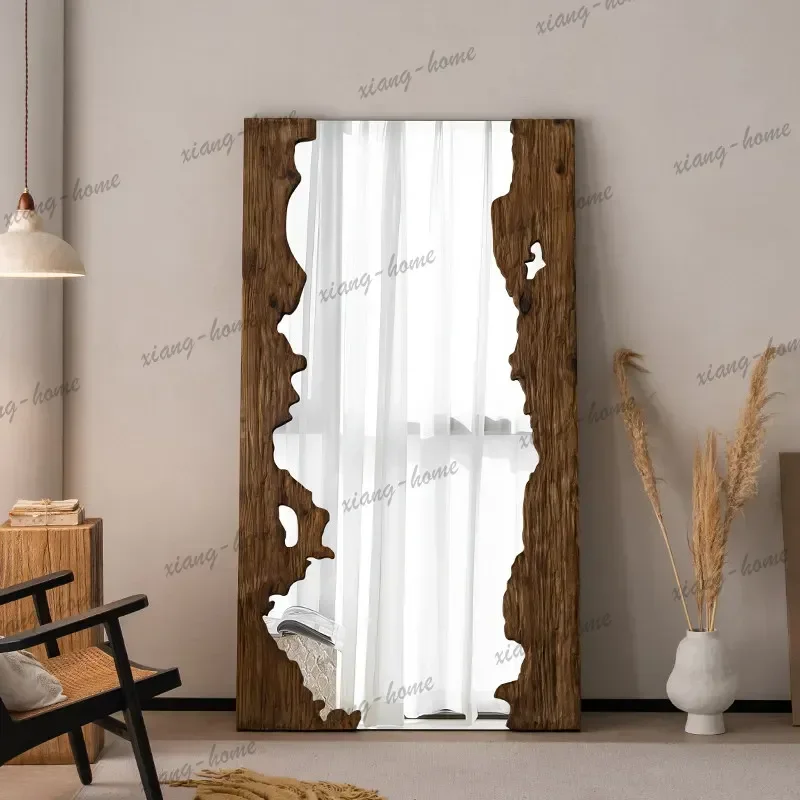LSMid century wooden full-length mirror furniture living room floor mounted dressing mirror room decoration espejos para pared
