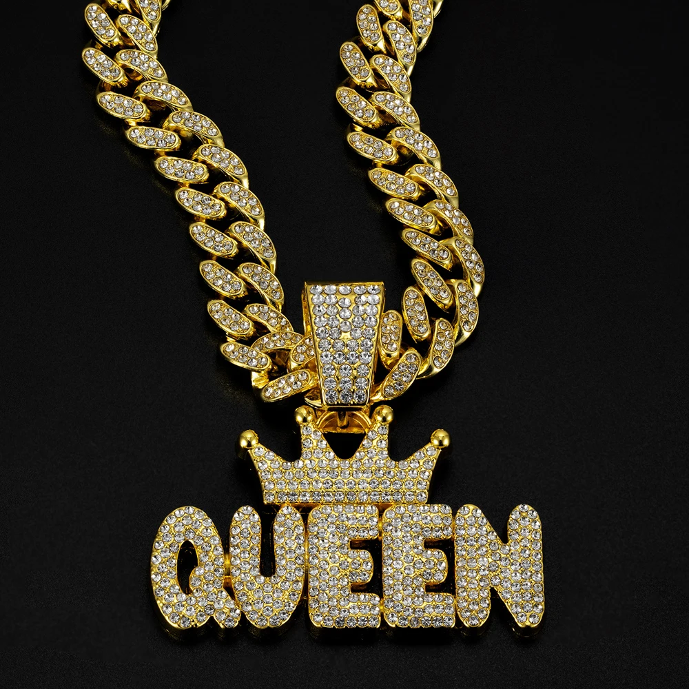 Corona de Hip Hop para hombre con colgante de letra de Reina, collar para mujer, cadena cubana de cristal, collares ostentosos helados, joyería de motorista Rock