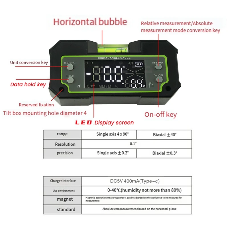 1 Piece Bluetooth Level Inclinometer Dual Axis Digital Protractor Biax Rechargeable Magnetic Level Box Black