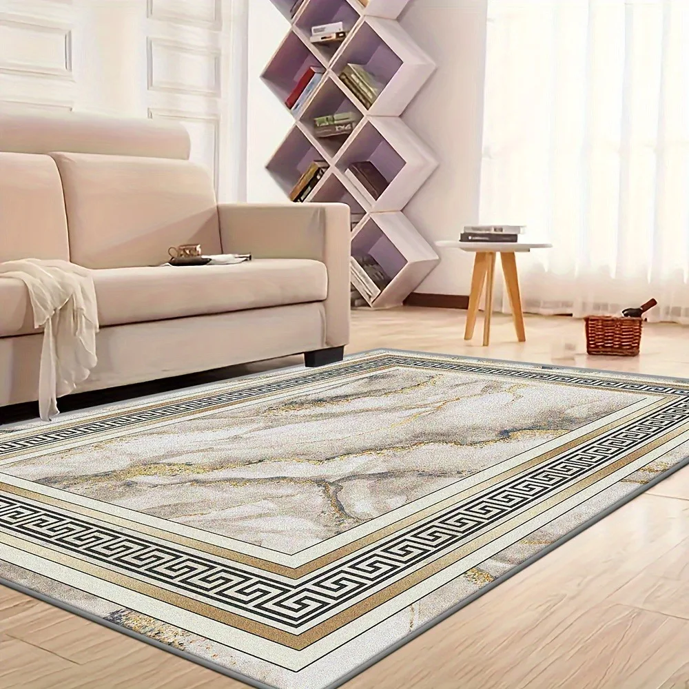 Luxury Marble Texture Floor Mat - Gold Frame Pattern with Delicate Edge Decorative Rug, Non-Slip Entryway Runner for Living Room