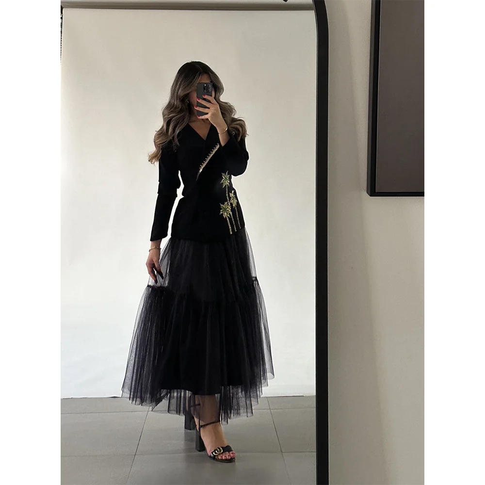 

Customize Pleat A-line V-neck Evening Dresses Long Sleeves Midi Dresses Modern Style Formal Occasion Party Dress Pastrol Unisex