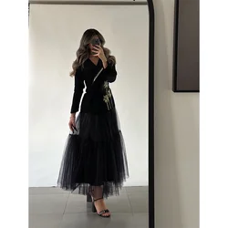 Customize Pleat A-line V-neck Evening Dresses Long Sleeves Midi Dresses Modern Style Formal Occasion Party Dress Pastrol Unisex