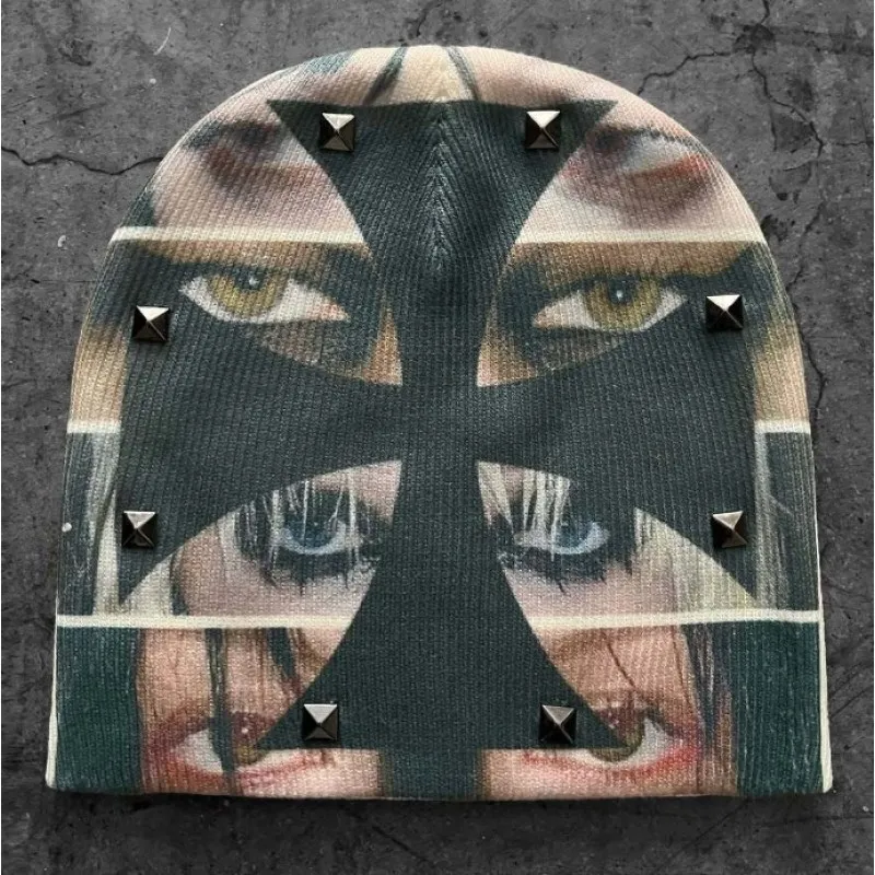Vintage Hand-Painted Eye Print Beanie, European American Trendy Women Autumn Winter Warm Skullcap