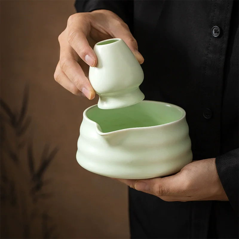 2 Pieces Traditional Japanese Matcha Bowl and Whisk Holder Tea Bowl with Pouring Spout for Office Table Tea Ceremony Party Gift - Image 2