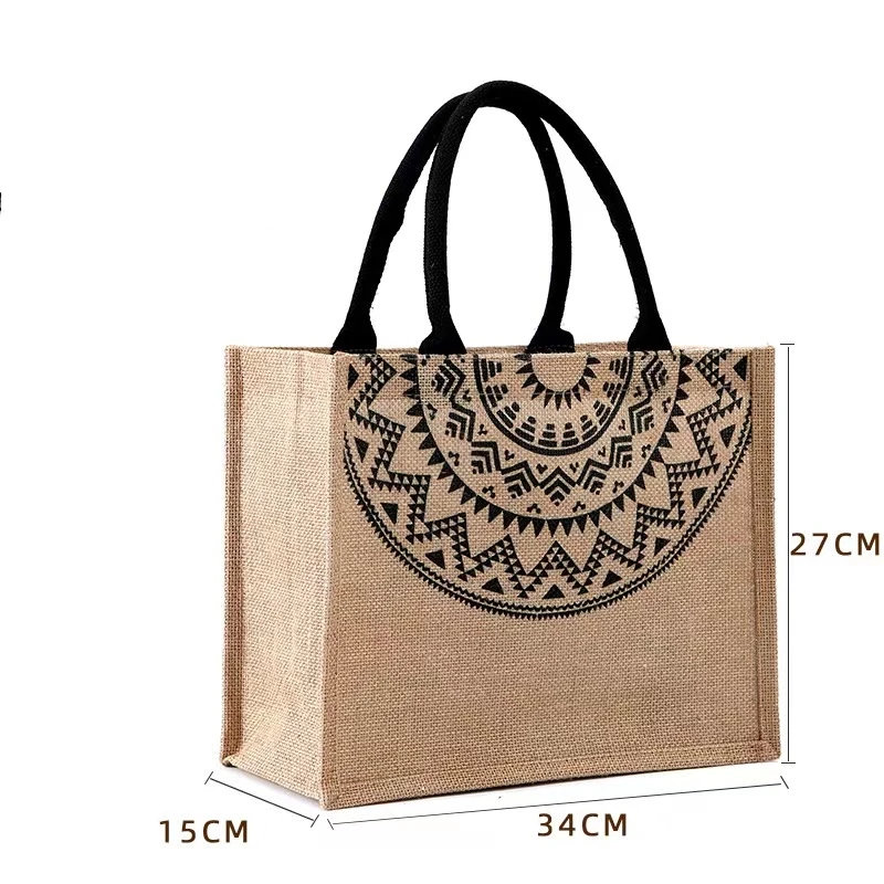 Waterproof Burlap Jute Shopping Handbag Loop DIY Linen Hand Drawn Cotton Sacks Reusable Tote Grocery Bags for Women Girls