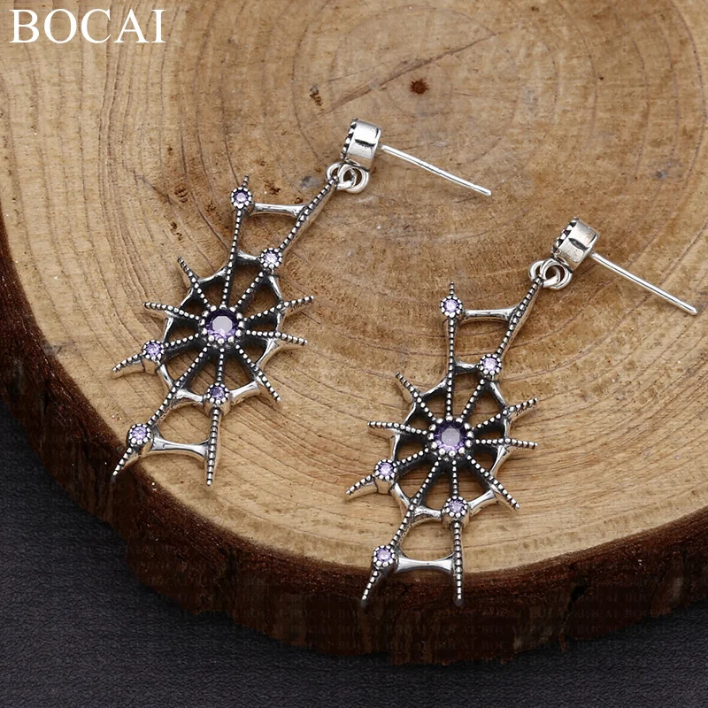 BOCAI S925 Sterling Silver Charms Studs Earrings for Men Women Fashion Hollow Spider-web Zircon Ear-studs Jewelry Wholesale