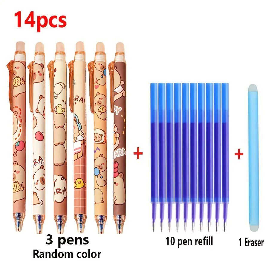 14 قطعة مجموعة أقلام جل كابيبارا اللطيفة القابلة للمسح 0.5 مللي متر حبر أزرق قابل للسحب مناسب للكتابة السلسة للمدرسة والمكتب