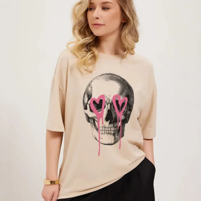 Camisetas con estampado Retro de corazón y calavera para mujer, ropa de calle Hippie Grunge, camisetas holgadas de manga corta, Tops góticos, ropa de Halloween a la moda