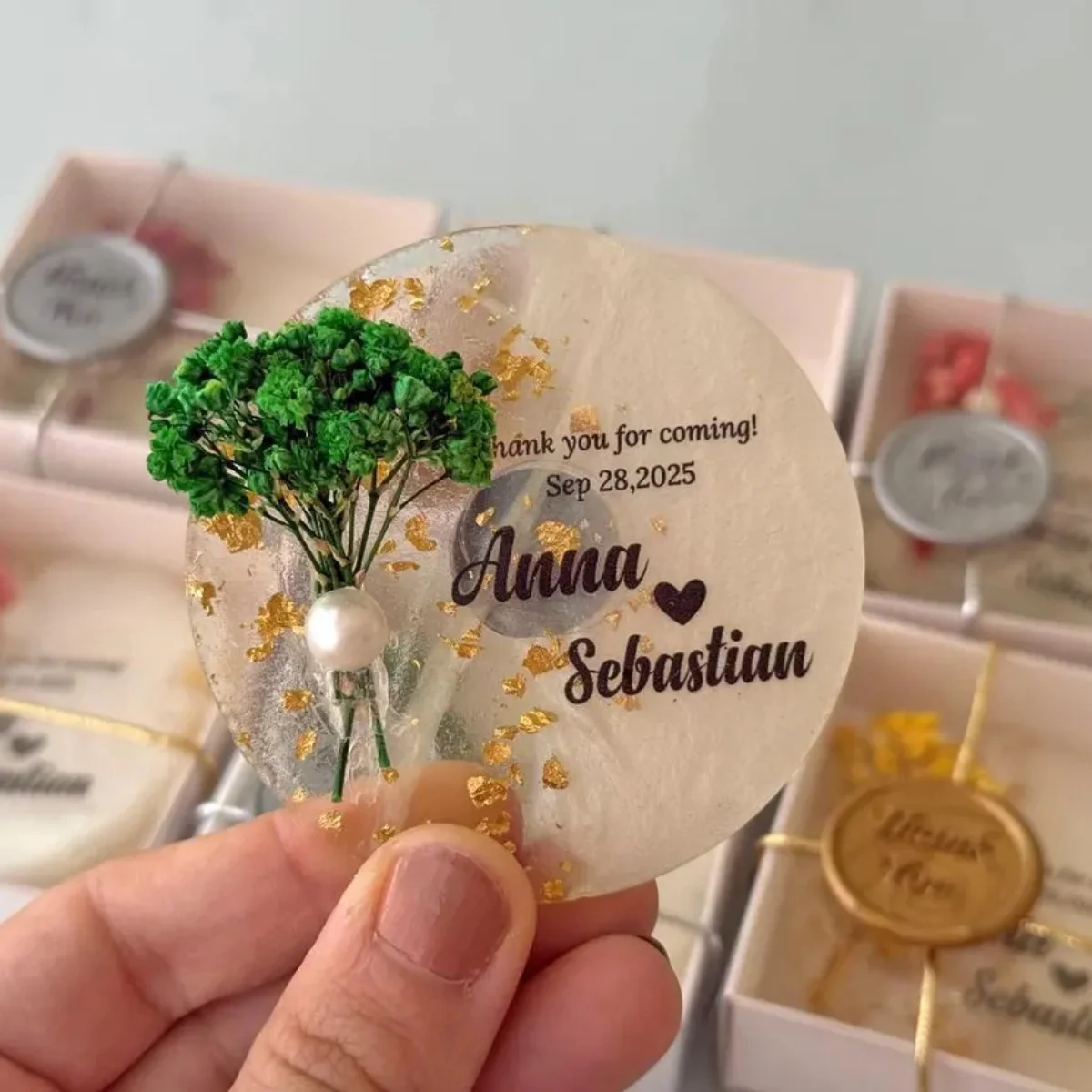 Custom  Resin Magnet Favors, Gold Flake, Dried Flowers, Baptism, Baby Shower