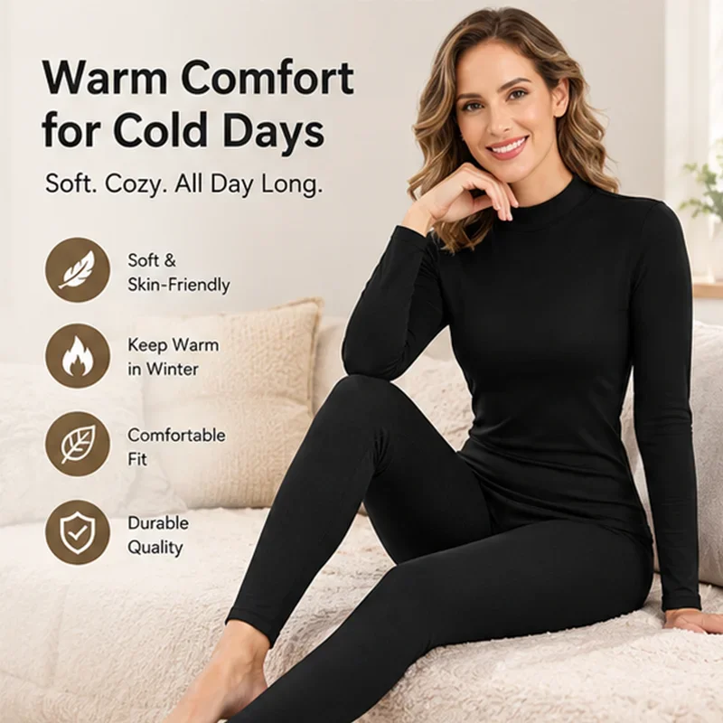Slimbelle Winter 2 PCS Women Thermal Underwear Set High Neck Long Sleeve Top Keep Warm Top and Pants Soft Breathable Base Layer