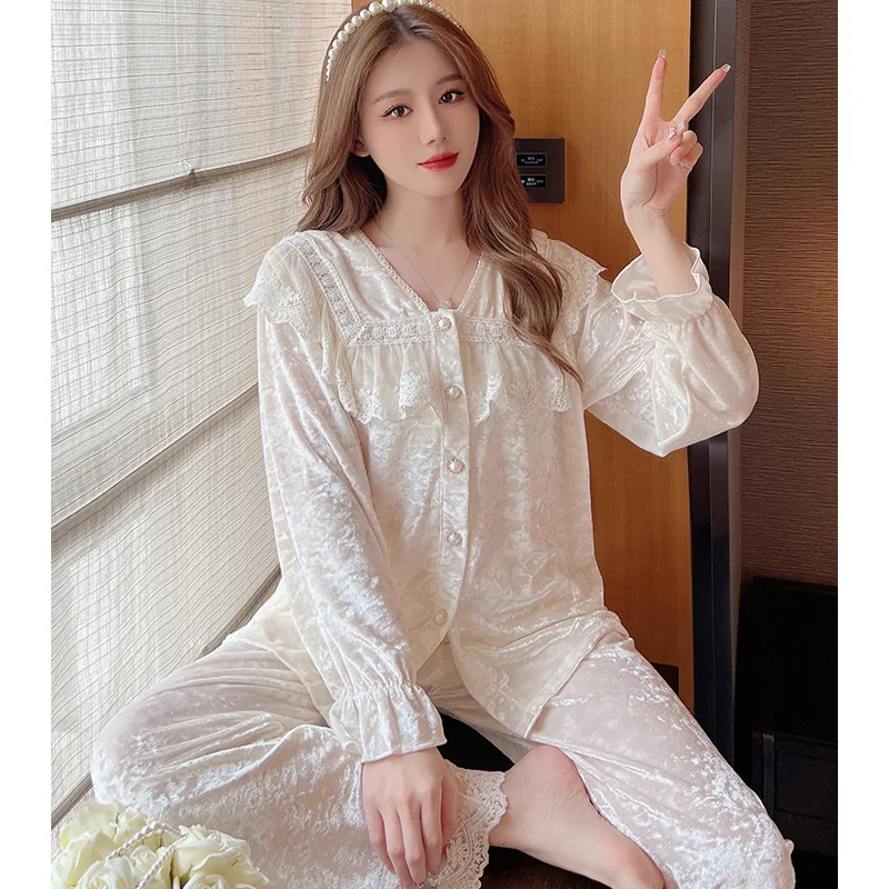 Diamond Golden Velvet Pajamas Autumn Winter Long Sleeve Sweet Princess Lace Sleepwear Set Warm Pyjamas Women Home Clothes