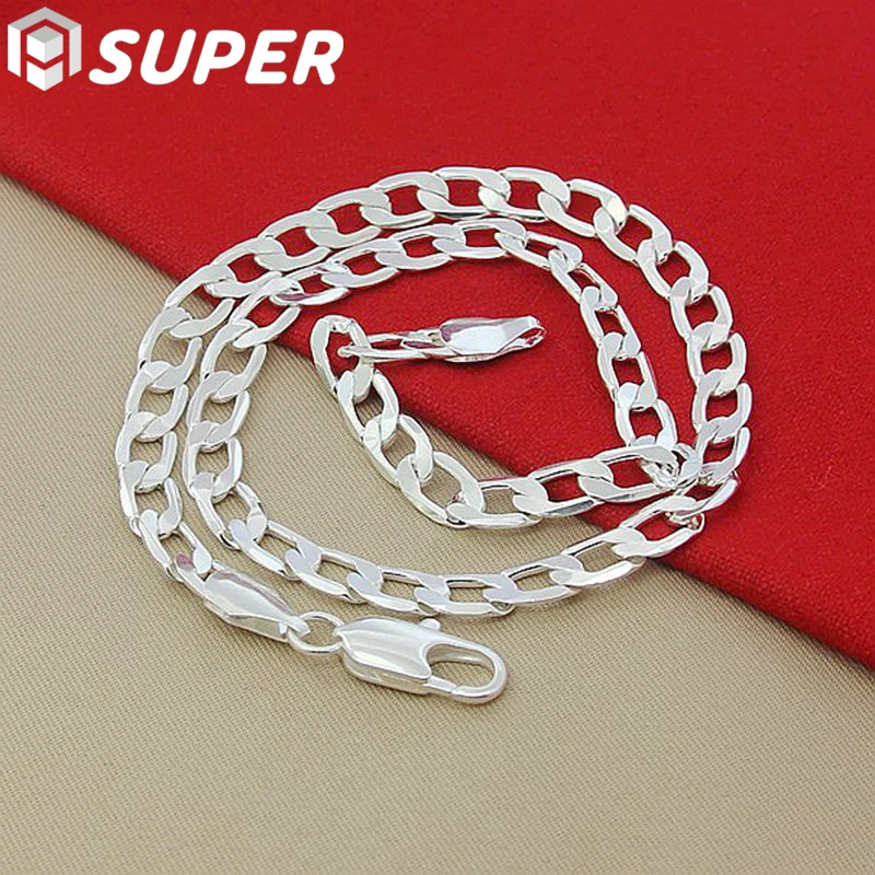 

925 Sterling Silver 8mm Flat Side Chain 16/18/20/22/24 Inch Necklace For Women Man Fashion Wedding Charm Jewelry