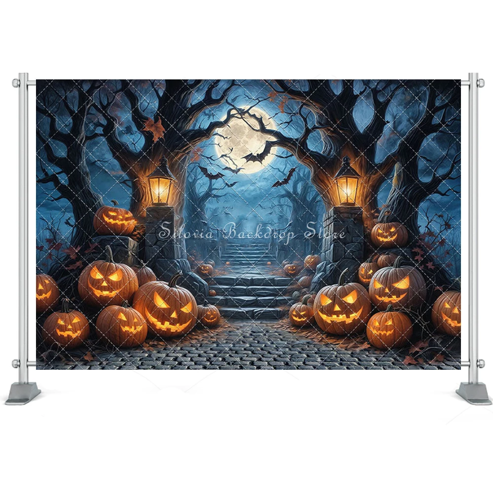 Halloween Background Proceed With Caution Photography Backdrops Night Cemetery Pumpkin Photocall Cake Smash Photo Studio Props