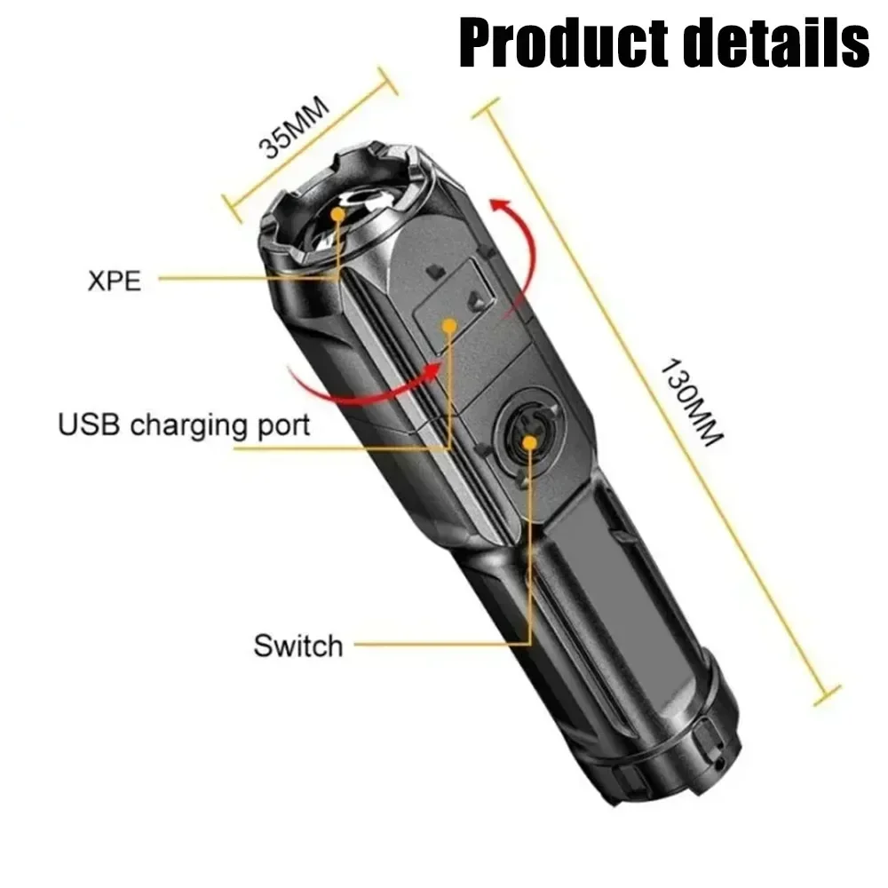 100000 Lumens Powerful LED Flashlight Rechargeable USB 18650 Waterproof Zoom Fishing Hunting Tactical Flashlight ABS Material