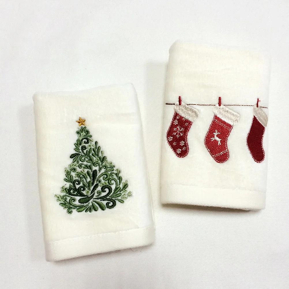 Christmas Embroidered Face Towel Facial Cleaning Towel Christmas Tree Pattern for Gift (White) cotton towel