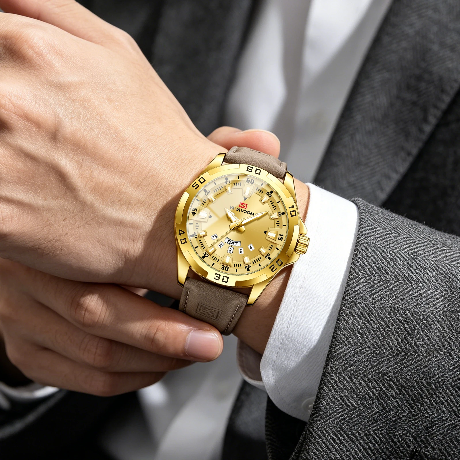 VA VA VOOM Business Quartz Watch Men Silver Case Steel Watch 3Bar Leather Strap Sunday Date Enlarged Men's Timing Watches Reloj view 6