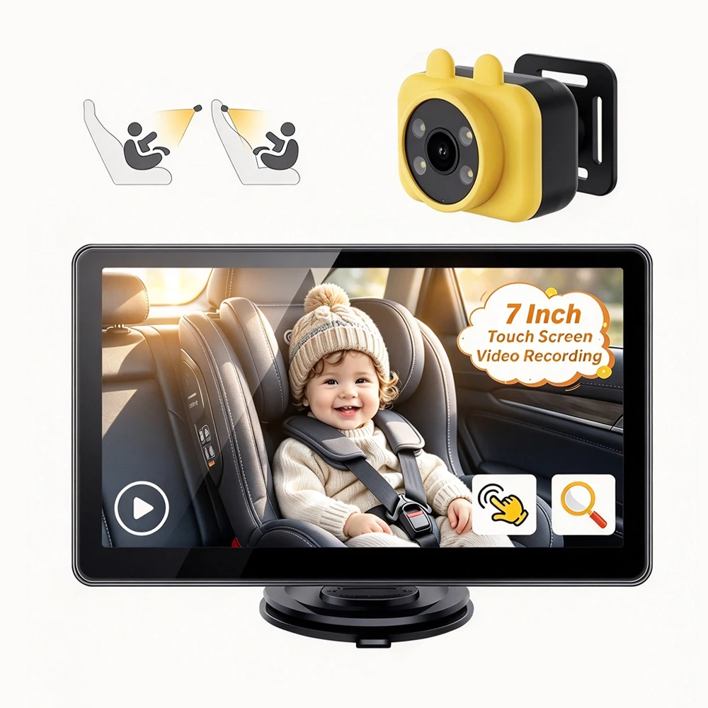 Baby Car Monitor 7" Touchscreen 1080P Night Vision 3X Zoom DVR Record Wide Angle Backseat Camera Easy Install for Infant Safety