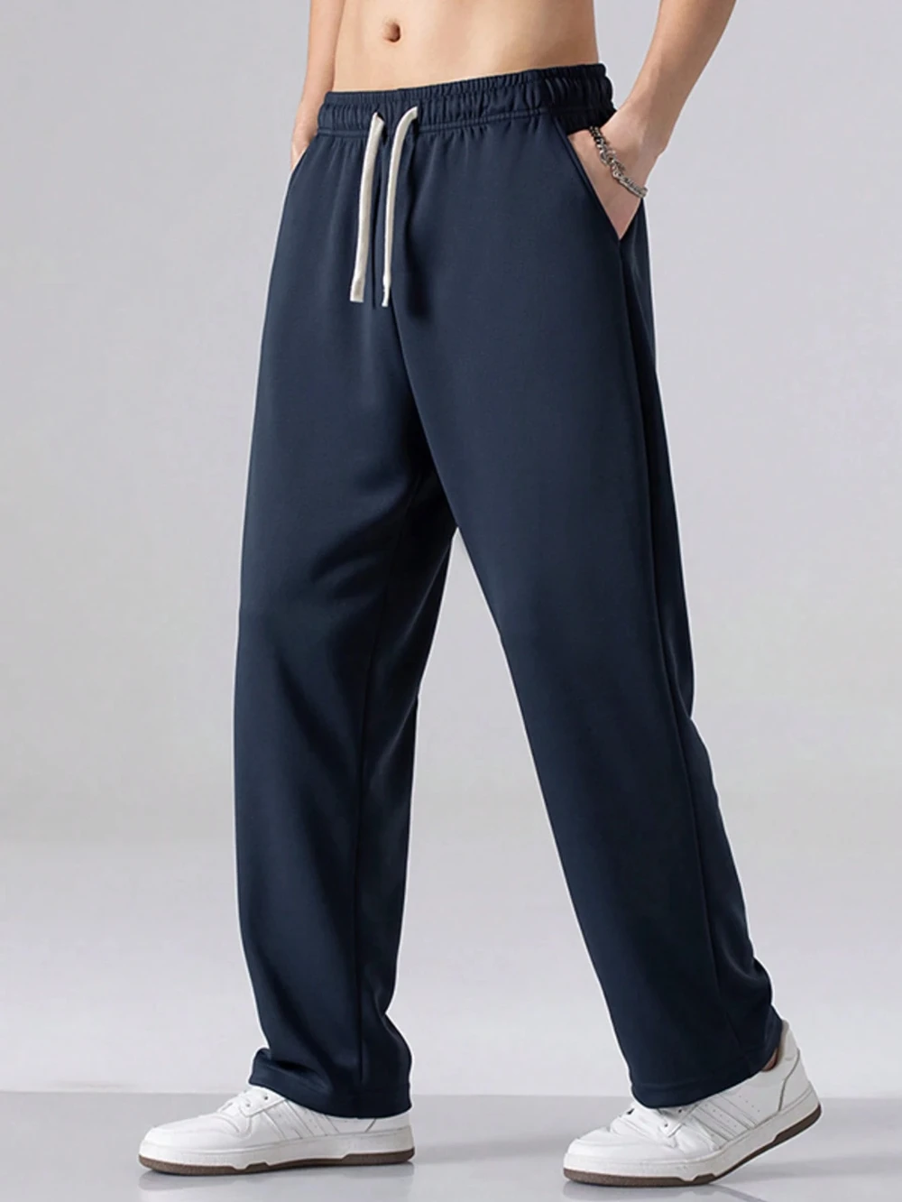 

Men's regular fit solid color drawstring belt sweatpants casual pocket design suitable for all seasons, men's everyday trousers