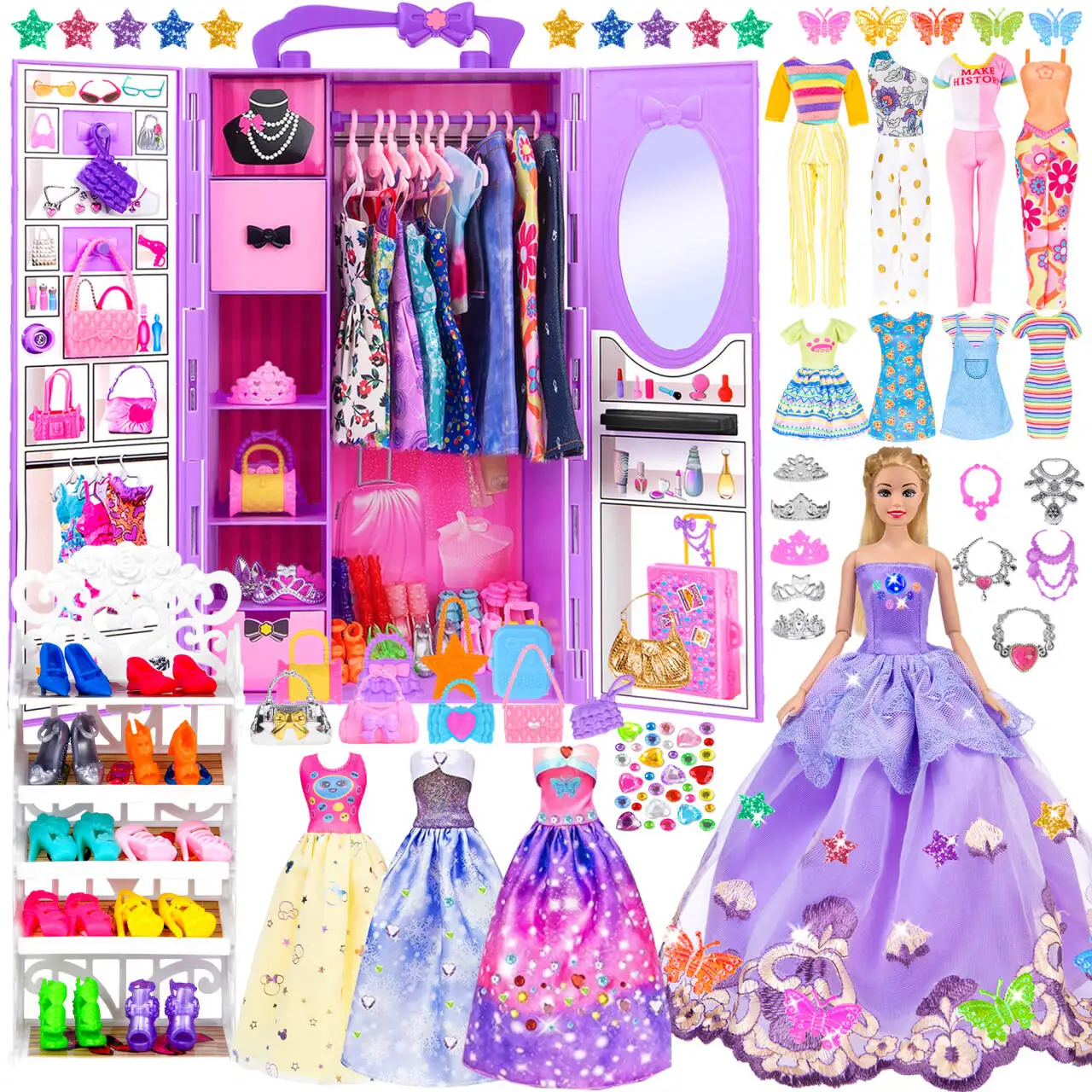 

91pcs 11.5 inch Girl Doll with Clothes Closet Accessories, Princess Gowns, Fashion Dresses, Outfits ,Swimsuits, Shoes, Hangers