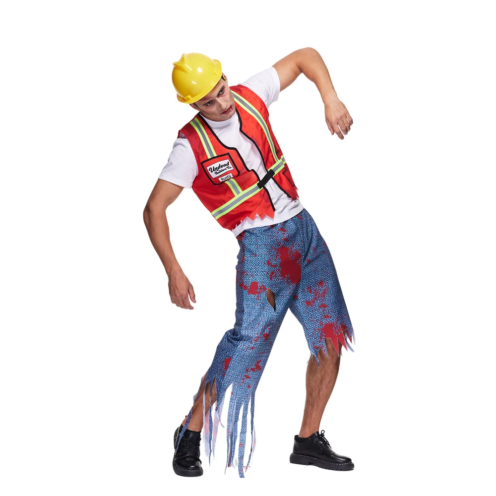 EraSpooky Construction Worker Halloween Traje para Homens, Sangrento Zombie Cosplay, Assustador Builder Outfit, Conjunto de Colete de Construção