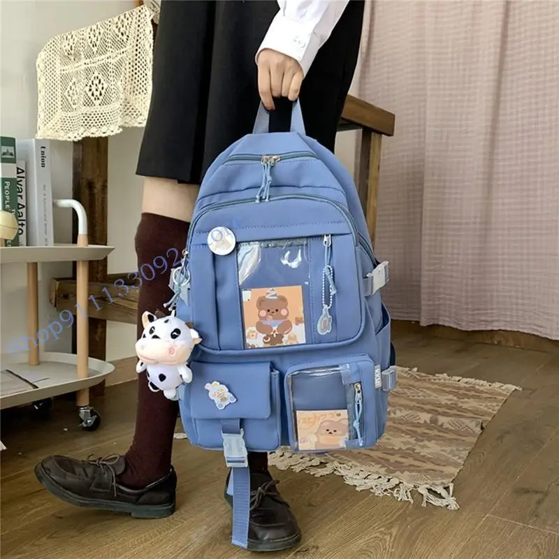

H9ED Women Girls Student Backpack Harajuku Japanese Aesthetic Multi-Pocket School Bag with Pendant Laptop Book Pack