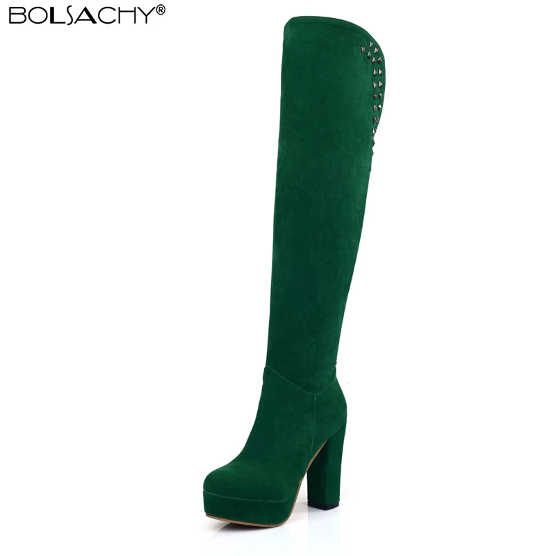 Platform Over Knee High Boots Women Flocked Winter Shoes Woman Fashion High Heels Botas Rivet Boots Black Green Bottine Mujer