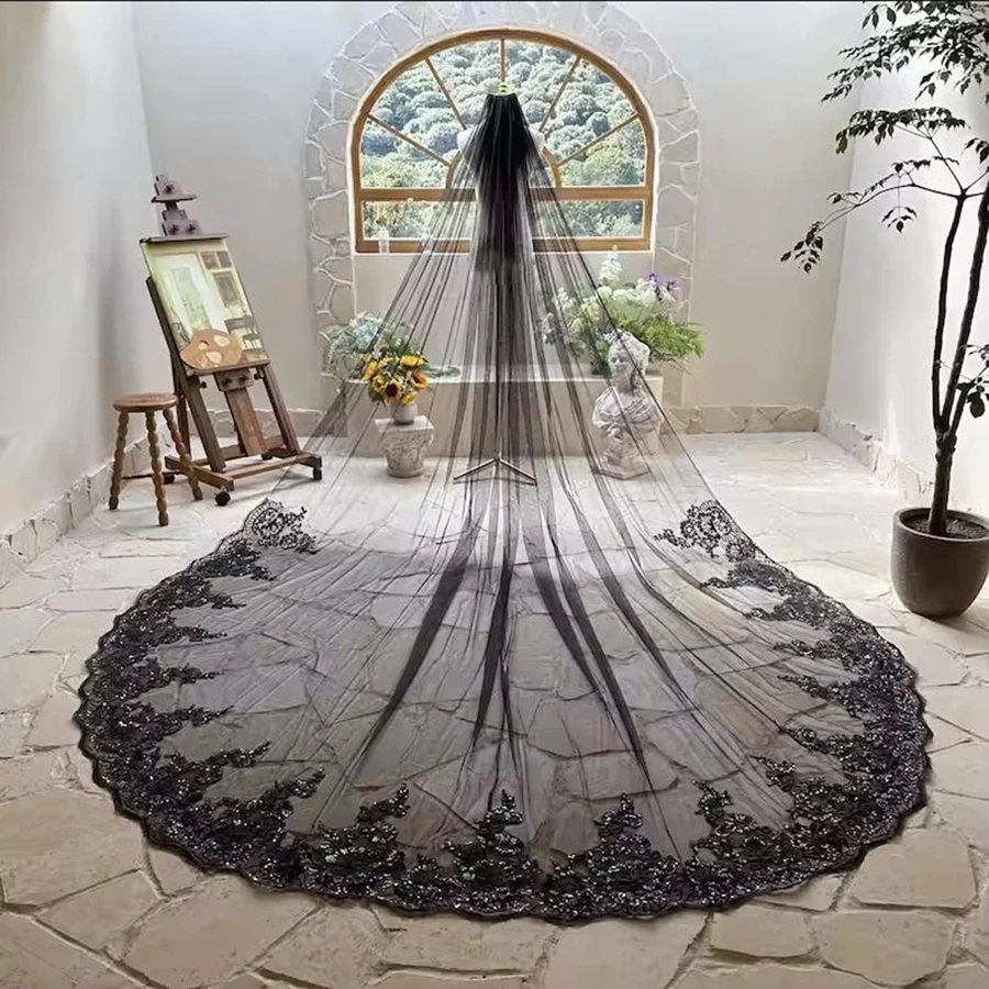 جديد وصول الحجاب الزفاف الكاتدرائية السوداء الدانتيل يزين العروس اكسسوارات الزفاف Velo de novia الحجاب الزفاف #6