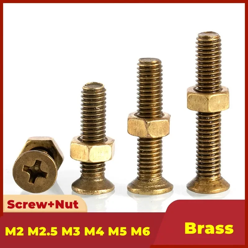 

M2 M2.5 M3 M4 M5 M6 2 in1 Brass Copper Countersunk Head Cross Bolt Nut Combination Phillips Flat Head Screw Hexagon Nut Sets