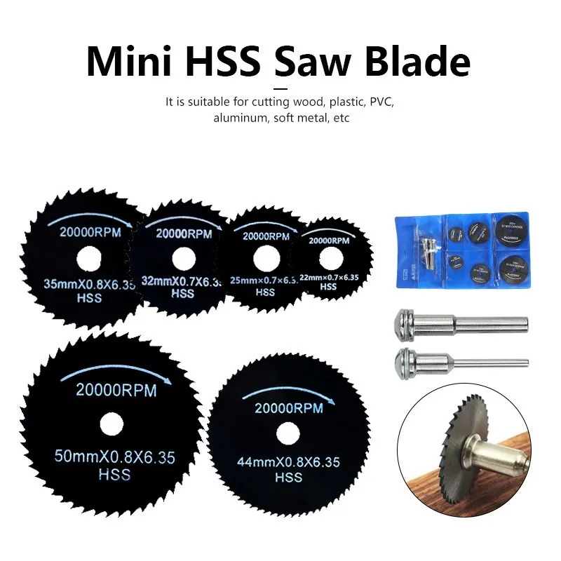 XCAN Mini Cutting Disc Kit 8pcs HSS Saw Blade With 3.175/6mm Mandrel Rotary Tool Disc for Wood Plastic And Aluminum