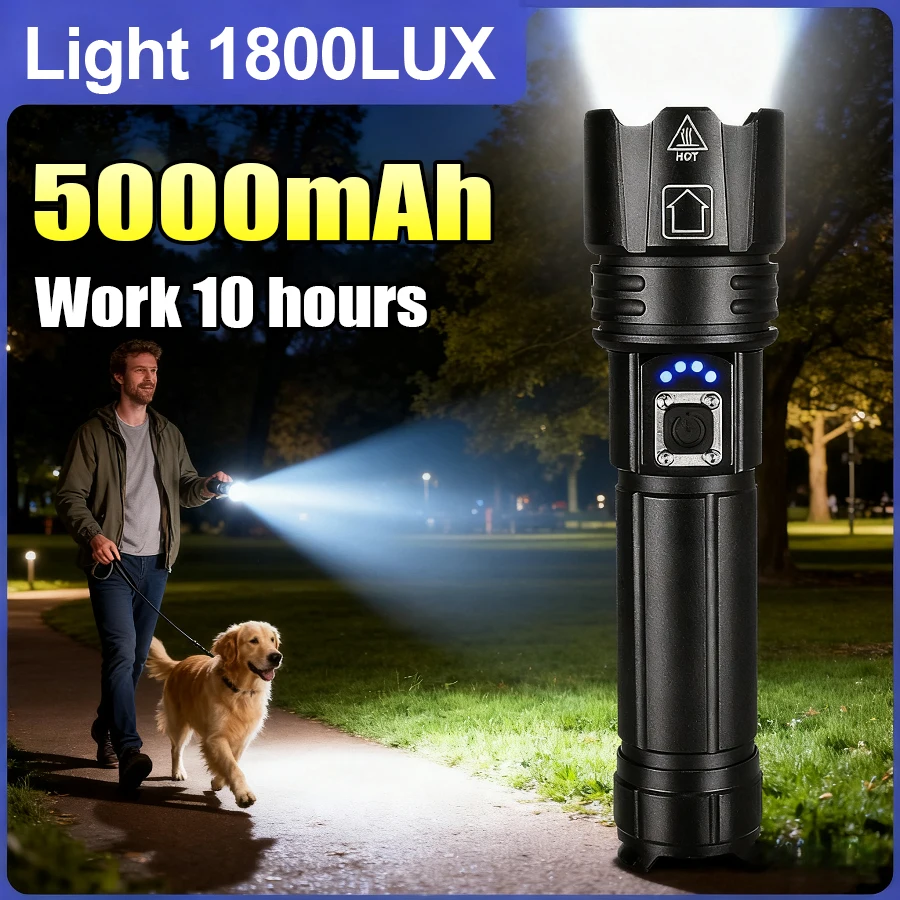 

1800LUX High Power LED Flashlight 5000mAh Rechargeable Portable Alloy Outdoor Torch Use for Climbing Camping Walking Lighting