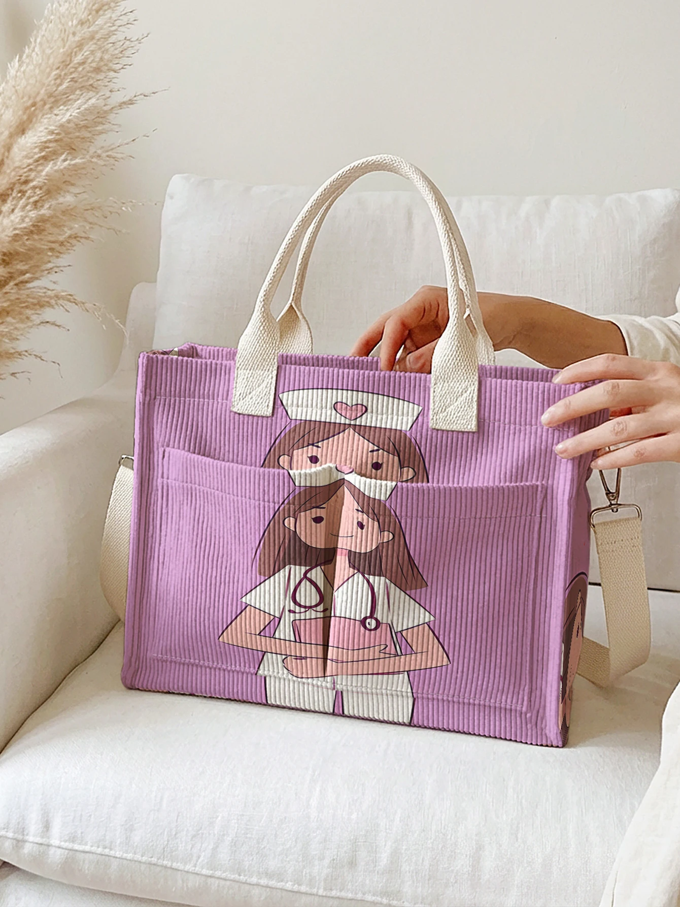 

Cartoon Nurse Print Purple Corduroy Tote Bag Large Capacity Multi Pocket Commuter Shoulder Bag
